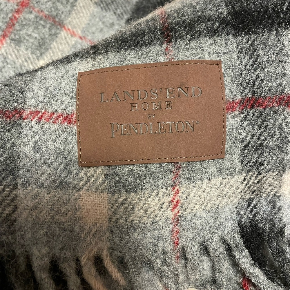 Lands End Home By Pendleton 100% Wool Stadium Blanket Gray Plaid 54" X 46"‎ EUC